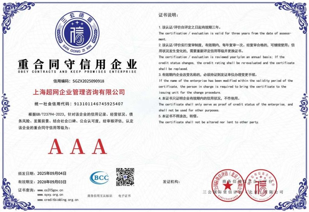 重合同守信用企业证书